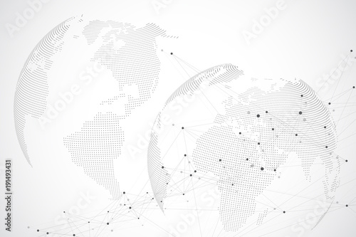 Global network with world map. Abstract vector infinite space background. Perspective backdrop. Digital data visualization. Vector illustration.