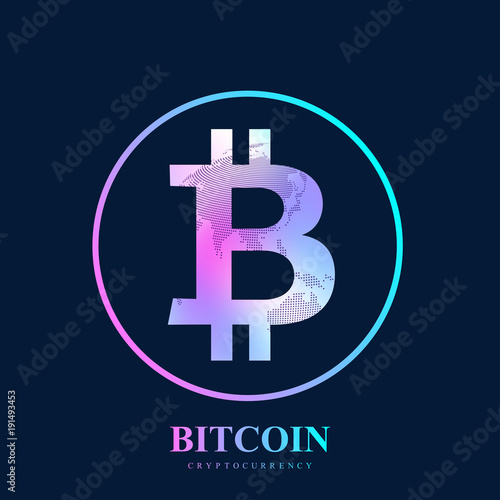 Bitcoin. Physical bit coin. Bitcoin digital currency coin damage world finance system. Cryptocurrency. Virtual money. World map point background. Vector illustration.