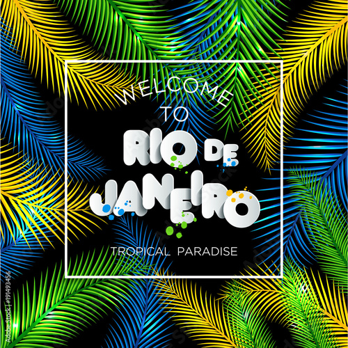 Illustration of Rio de Janeiro from Brazil vacation on color background  colors of the Brazilian flag  Brazil Carnival. Summer. Text of paper style.