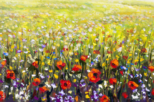 Flowers painting, red poppies, oil paintings landscape impressionism artwork