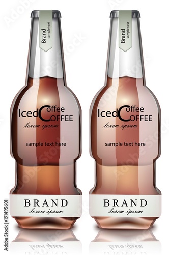 Ice coffee glass bottles Vector realistic mock up. Product packaging 3d illlu...