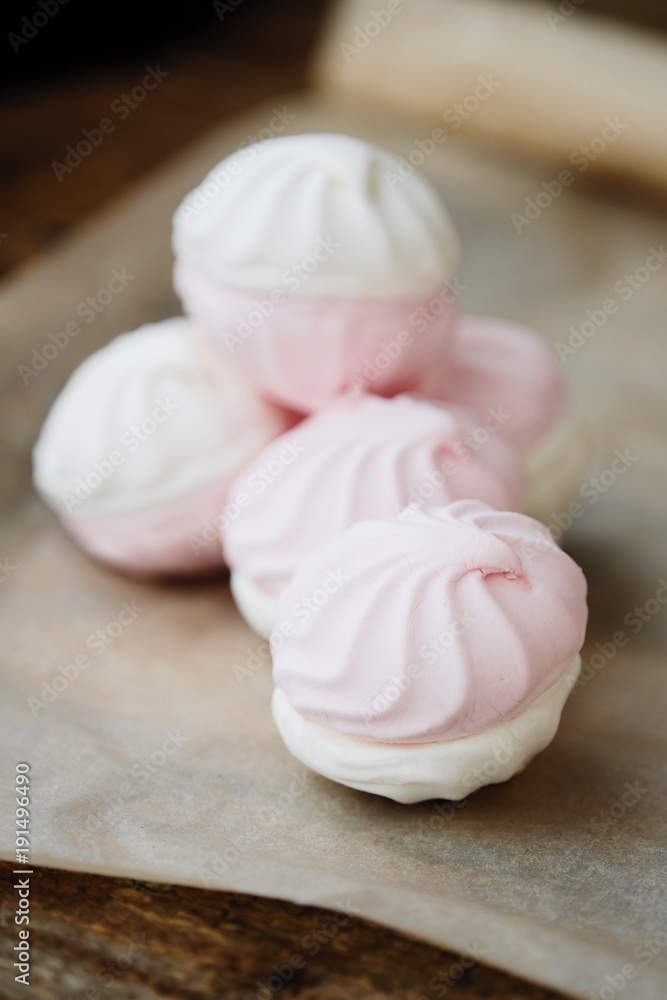 Delicious marshmallow with strawberry creamy taste on the table 