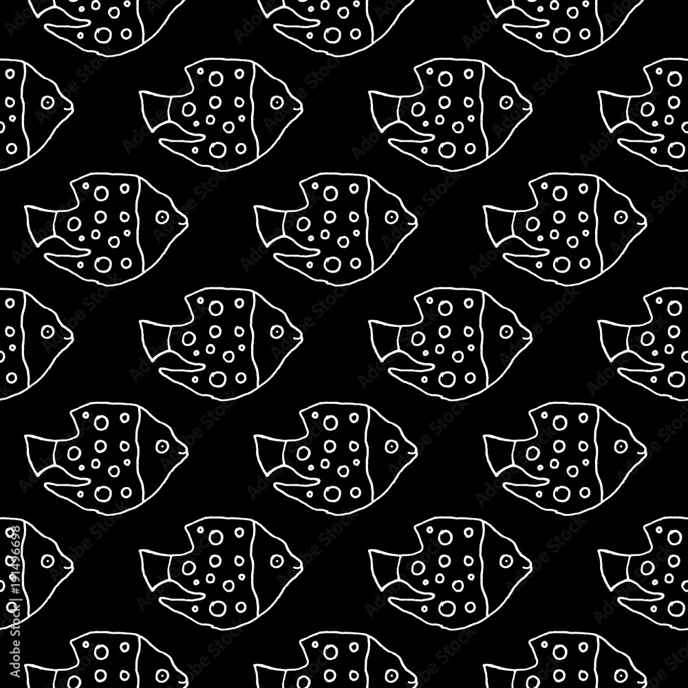 Fototapeta premium Sweet cartoon fish pattern with hand drawn funny fish. Cute vector black and white fish pattern. Seamless monochrome fish pattern for fabric, wallpapers, wrapping paper, cards and web backgrounds.