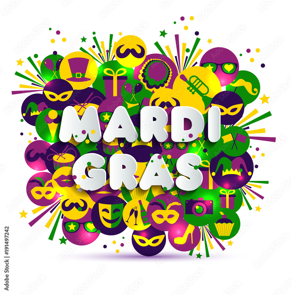 Fototapeta premium Illustration of Carnival Mardi gras on multicolors watercolor icons,colors of the Mardi Gras. Text of paper style.