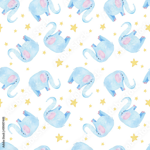 Cute elephant pattern. Seamless watercolor background with blue elephant cartoon character. Minimal baby or children print design. Girl nursery.