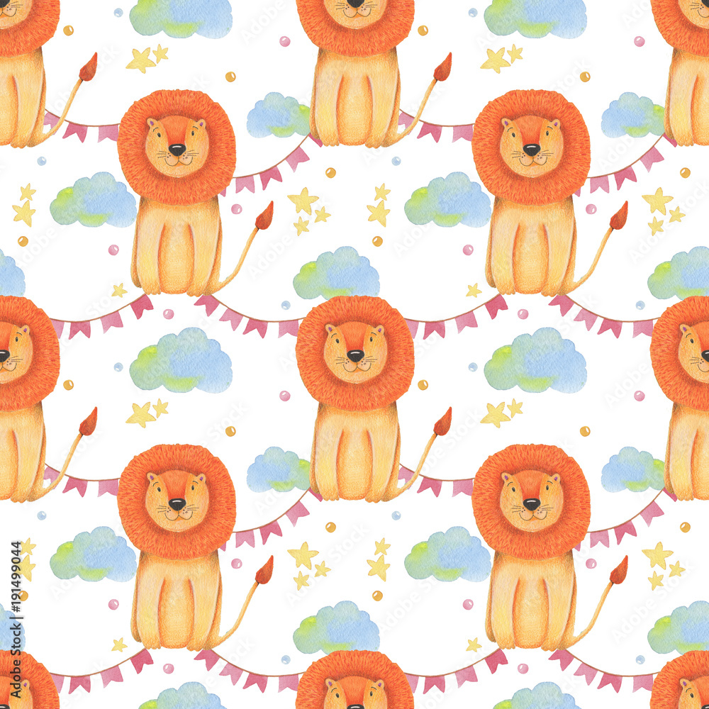 Obraz premium Watercolor pattern animal cute lion on a white background, star, garland, clouds. Hand draw illustration.