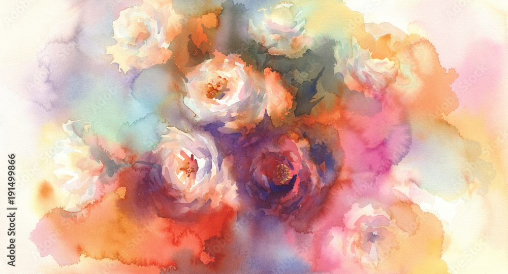 Obraz białe róże kolorowe tło akwarela