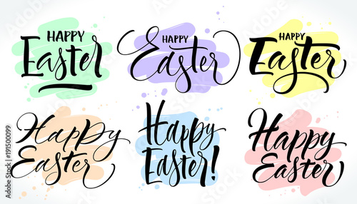 Six various style Happy Easter lettering with brush stroke background. Template for banner, flyer, gift card or photo overlay. Handwritten modern calligraphy, vector illustration.
