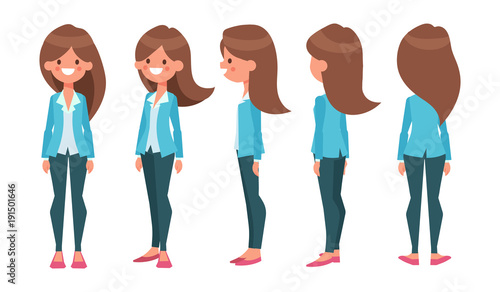 Young girl for animation. Front, side, back, 3/4 view character. Separate parts of body. Cartoon style, flat vector illustration.