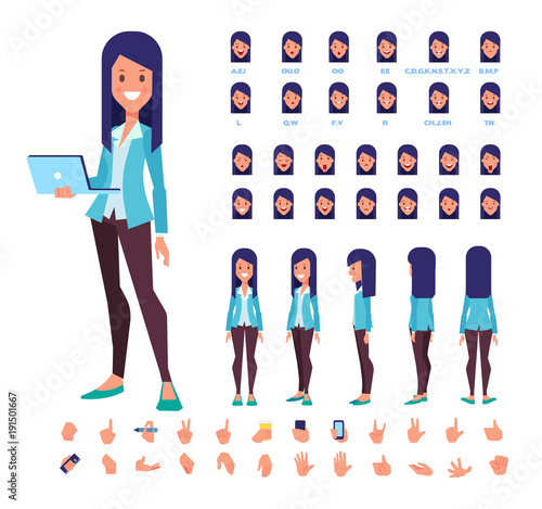  Front, side, back view animated character. Business woman character creation set with various views, hairstyles, face emotions, poses and gestures. Cartoon style, flat vector illustration.