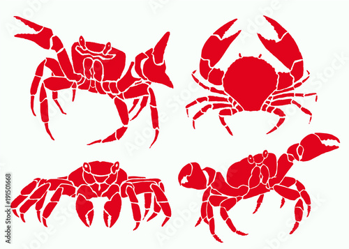 Graphical set of red crabs isolated on white background,vector sea-food illustration