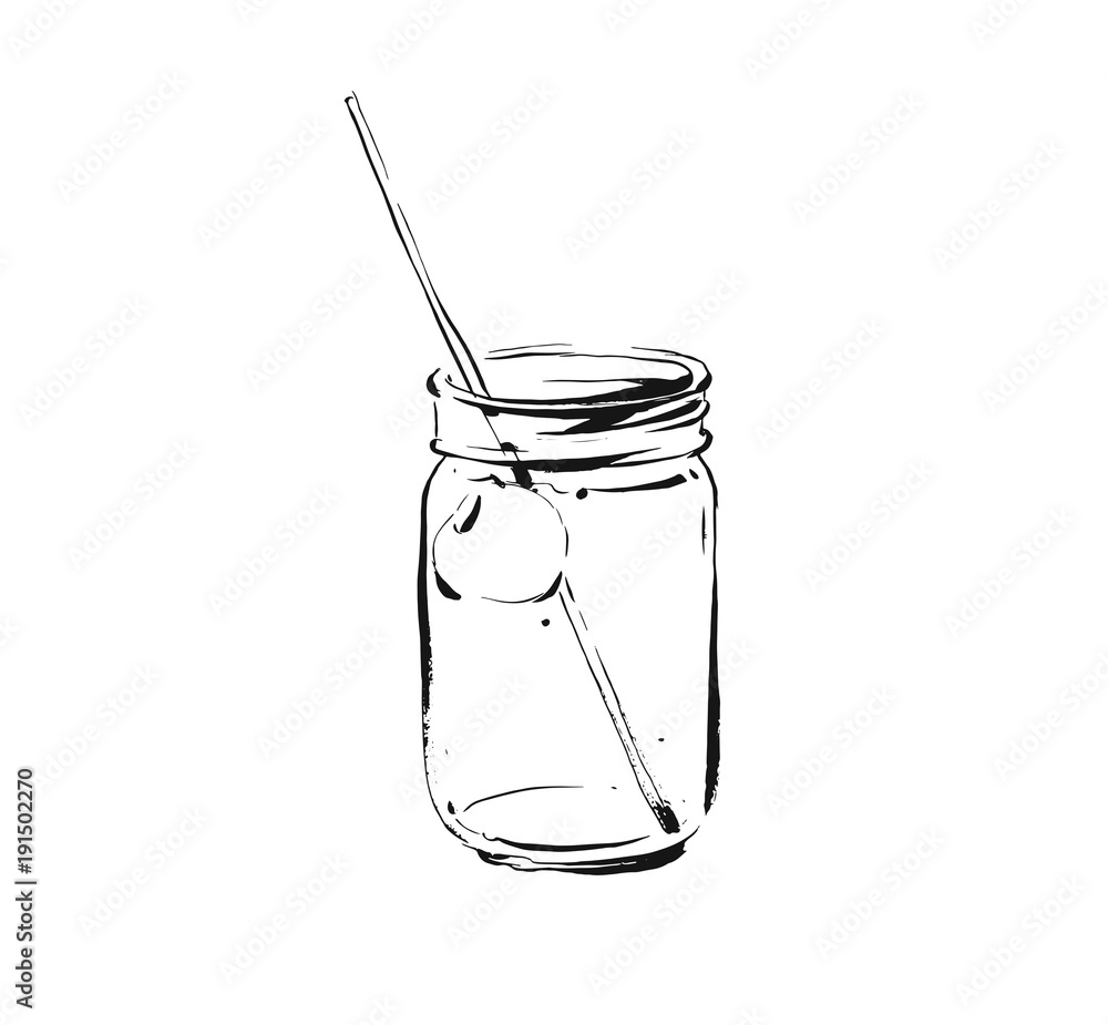 Hand drawn vector abstract artistic cooking ink sketch illustration of tropical fruit lemonade cocktail shake drink in glass mason jar isolated on white background.Diet detox concept Hand drawn vector abstract artistic cooking ink sketch illustration of tropical fruit lemonade cocktail shake drink in glass mason jar isolated on white background.Diet detox concept