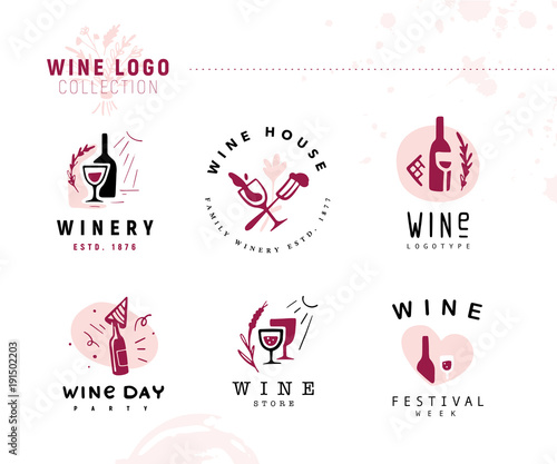 Collection of vector wine alcohol logo set isolated on white background. Hand drawn bottle, glass elements, icons. Perfect for restaurant, cafe, catering bars and winery hall insignia banners, symbols