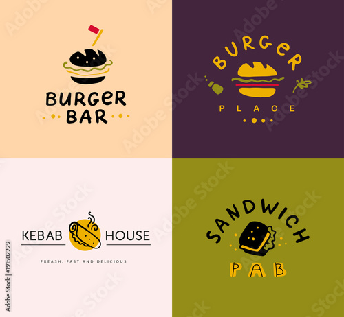 Collection of vector flat fast food logo set isolated on white background. Hand drawn meal elements - sandwich, kebab, burger icons. Perfect for restaurant, cafe, bars and fast food insignia banners.