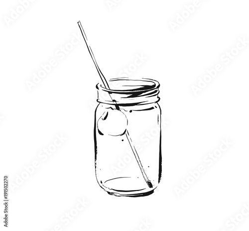 Hand drawn vector abstract artistic cooking ink sketch illustration of tropical fruit lemonade cocktail shake drink in glass mason jar isolated on white background.Diet detox concept