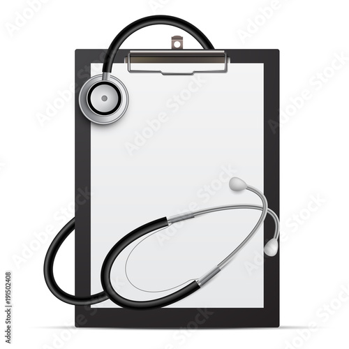 Realistic stethoscope and clipboard with blank sheet, isolated on white
