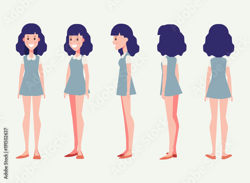 Pretty girl for animation. Front, side, back, 3/4 view character. Separate parts of body. Cartoon style, flat vector illustration.
