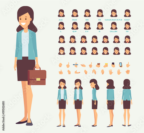  Front, side, back view animated character. Business woman character creation set with various views, hairstyles, face emotions, poses and gestures. Cartoon style, flat vector illustration.