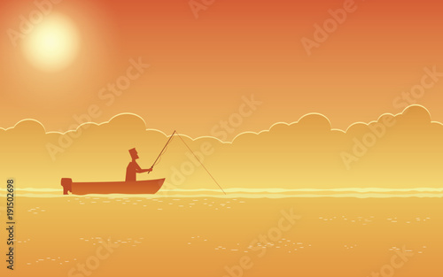 man on fishing boat in flat icon design with sunset sky background