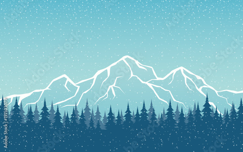 snowing Mountain Peaks Landscape and Pine Forest in flat icon design