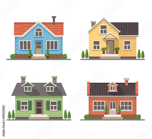 Set of 4 different residential houses - urban architecture. Vector illustration in flat style, isolated on white background