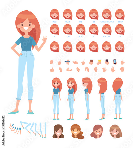 Front, side, back, 3/4 view animated character. Young girl character constructor with various views, face emotions, lip sync, poses and gestures. Cartoon style, flat vector illustration.