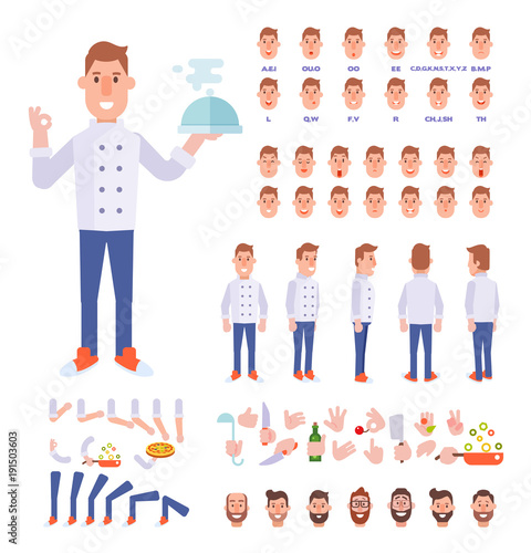 Chef character creation set with various views, face emotions, lip sync, poses and gestures. Front, side, back, 3/4 view. Cartoon style,  flat vector illustration.