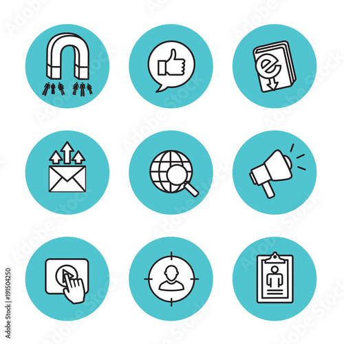 Inbound marketing icon set w magnet, social, email, and promotion