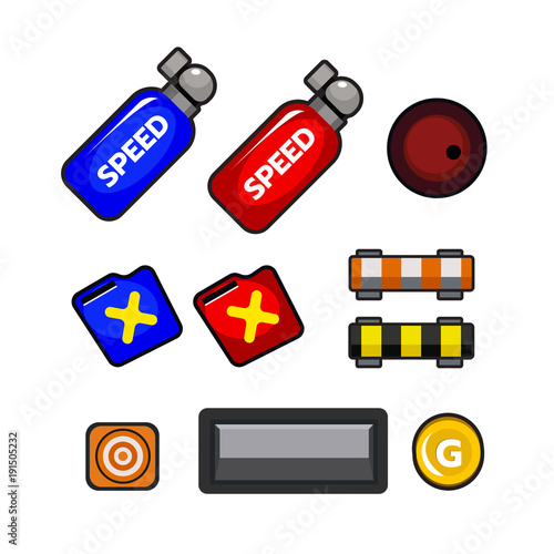 Set of item for 2D Racing game or traffic game with gas, cone, coin, speed, trap item. Complete project