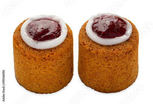 Runebergin torttu famous Finnish Runeberg cake tart pastry made of almonds, rum, raspberry jam. Close up macro top view of 2 caked isolated on white background Baked on February 5, Runeberg's birthday photo