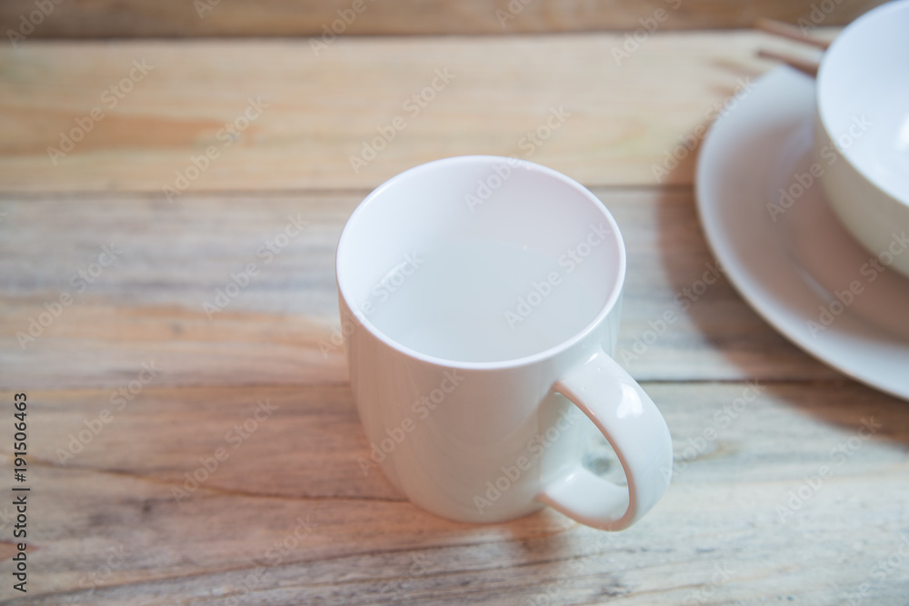 White mug with drinking water, Drink concept.