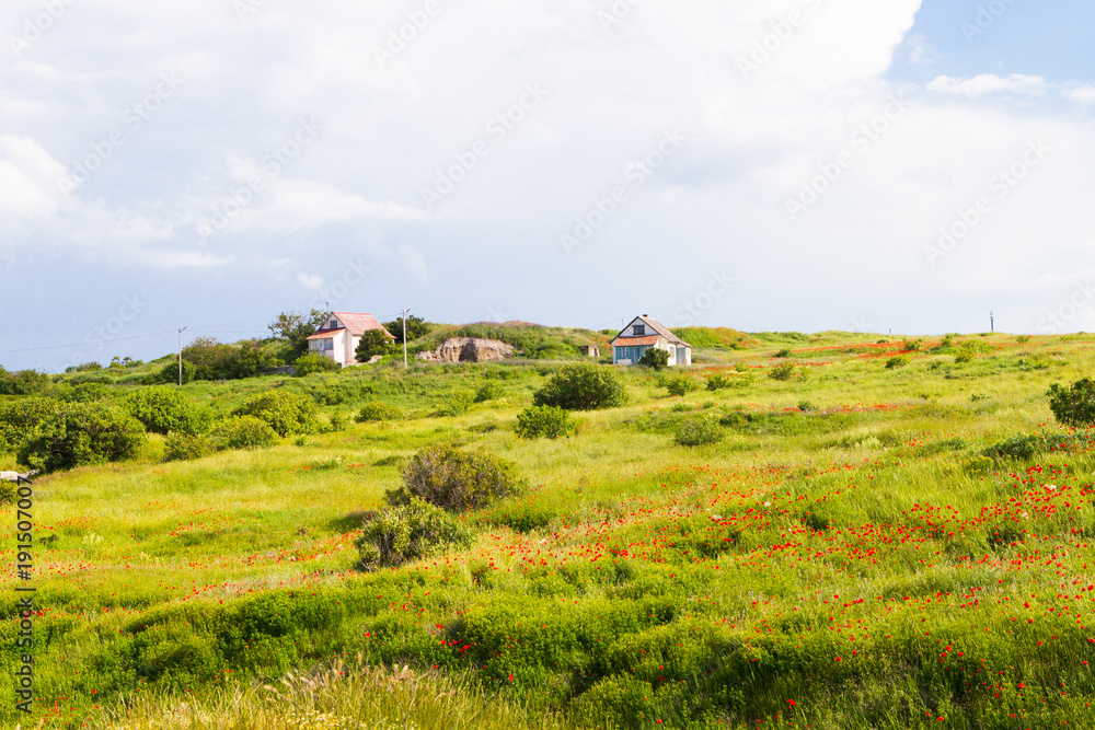 Crimea, Russia. Flowering wild flowers and poppies, slopes, ancient stones and clouds, an ancient city in the territory of Sevastopol. Crimea, Russia. Flowering wild flowers and poppies, slopes, ancient stones and clouds, an ancient city in the territory of Sevastopol.