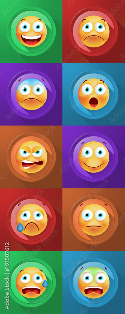 Set of Cute Emoticons on Color Button on Color Background . Isolated Vector Illustration Set of Cute Emoticons on Color Button on Color Background . Isolated Vector Illustration