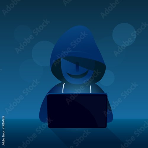 Hacker thief sit with computer for hacking on dark background. Vector illustrator.