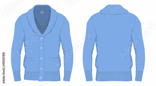 Men's blue cardigan. Front and back views on white background