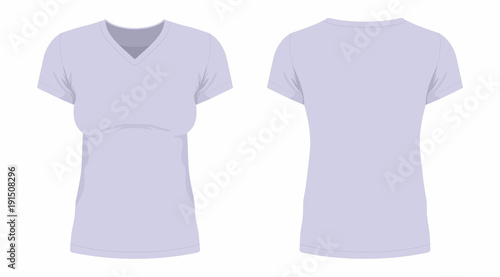 Front and back views of women's purple t-shirt on white background