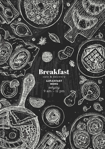 Chalkboard vertical breakfast top view illustration. Various food background. Engraved style illustration. Hero image. Vector illustration