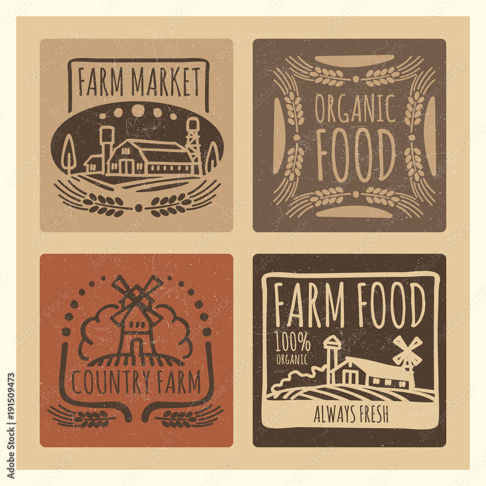 Grunge organic food farm market vintage labels design