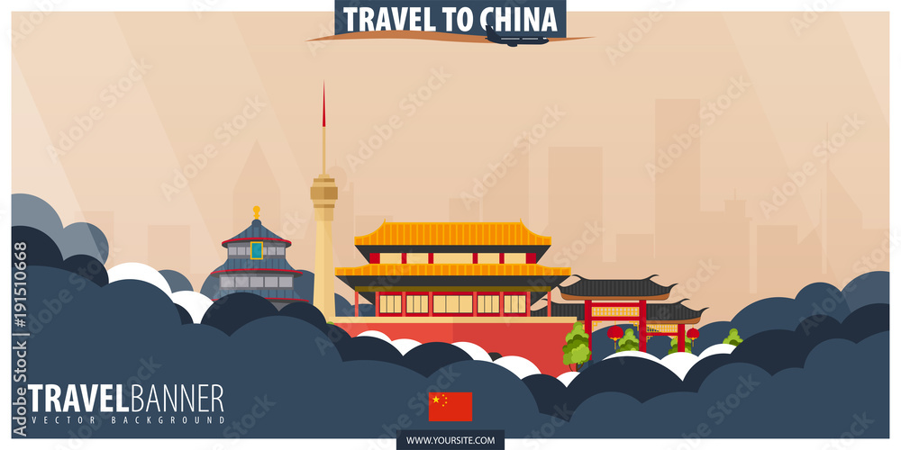 Travel to China. Travel and Tourism poster. Vector flat illustration.