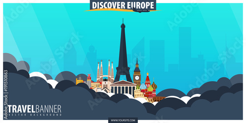Travel to Europe. Travel and Tourism poster. Vector flat illustration.