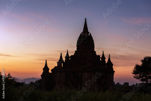 Silhouette of the ancient pagoda on sunrise sky in Bagan, Myanmar