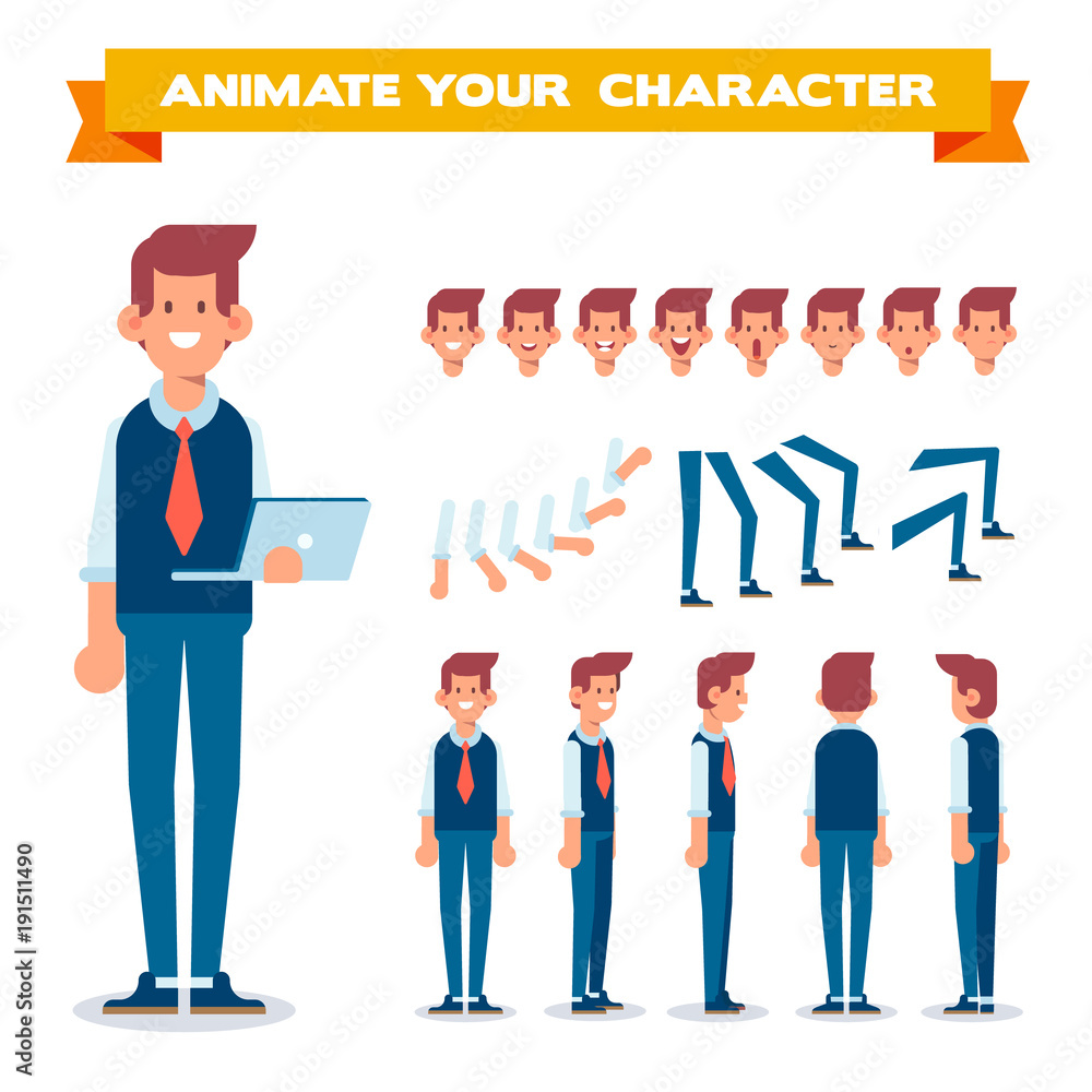 Office worker. Young guy for animation. Front, side, back, 3/4 view. Separate parts of body. Cartoon style, flat vector illustration. Office worker. Young guy for animation. Front, side, back, 3/4 view. Separate parts of body. Cartoon style, flat vector illustration.