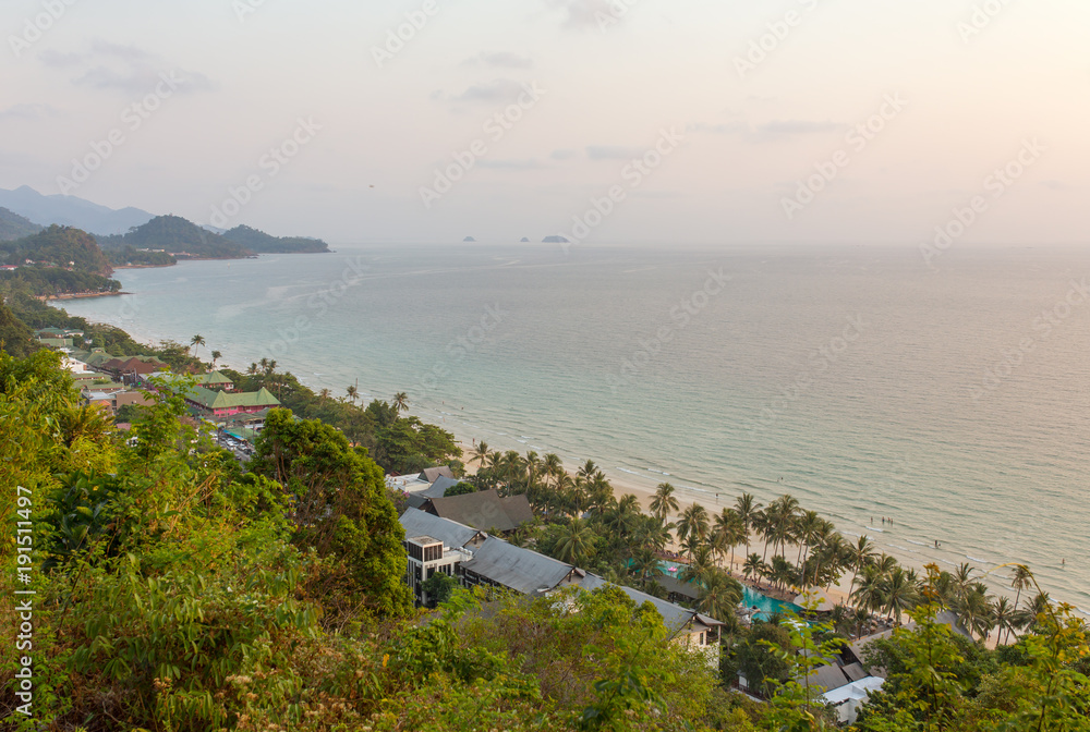 Beautiful tropical viewpoint scenery of White Sands Beach, Koh Chang, Trat, Thailand.