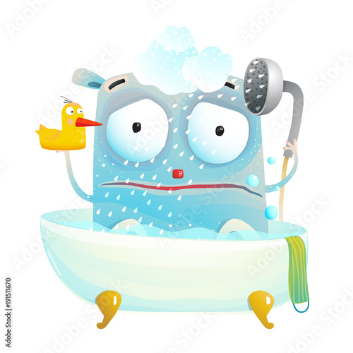 Little creature does not like bathing. Vector cartoon.