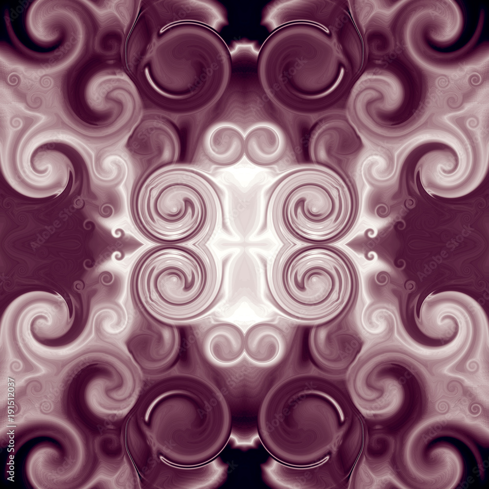 Abstract ornament with maroon and white curlicue. Vibrant contrast background. Kaleidoscope effect. Square template for stylish seamless patterns, dainty decoration, fashion, textile, tapestry design