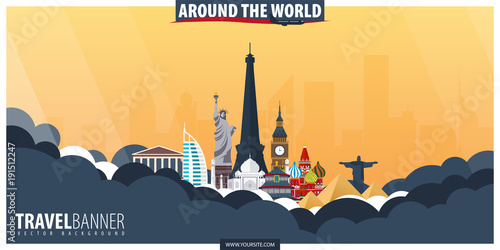Around the world. Travel and Tourism poster. Vector flat illustration.