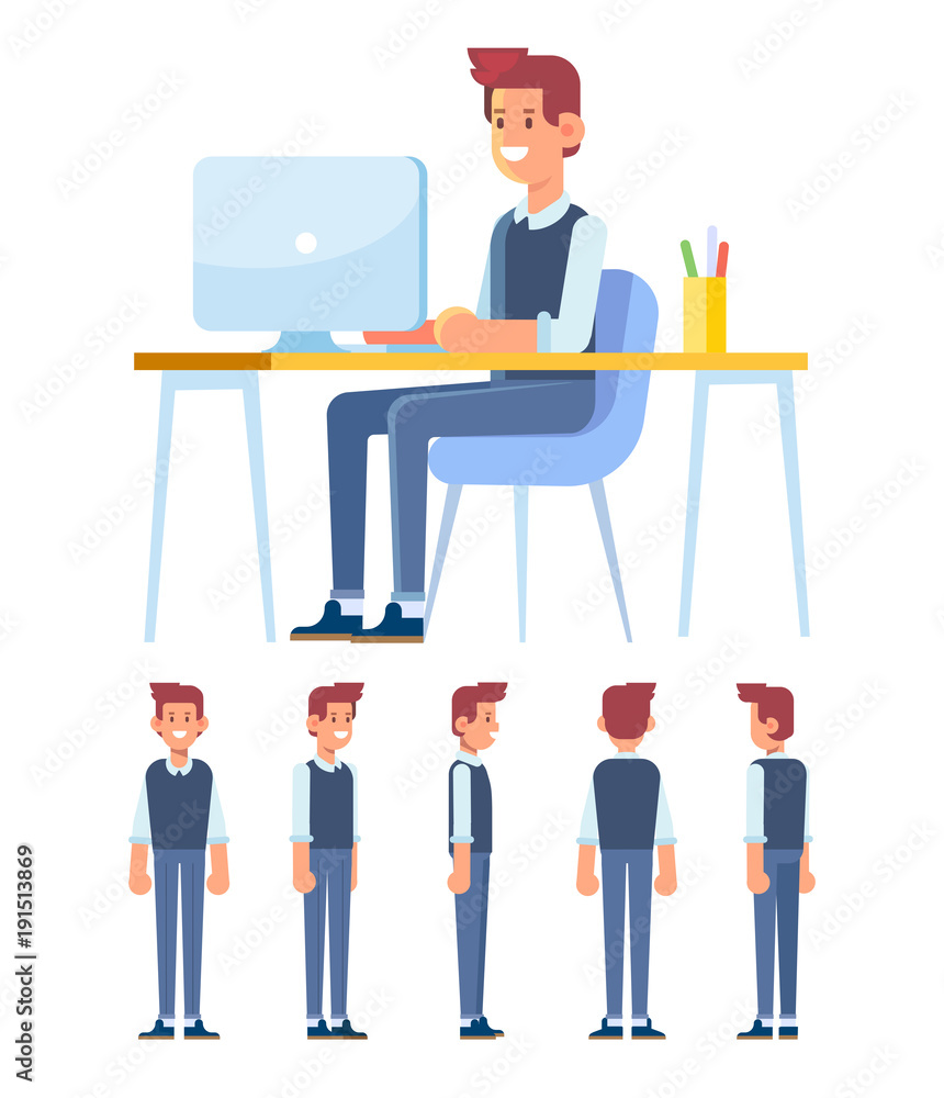 Office worker guy. Young man is working on computer. Front, side, back, 3/4 view character.  Flat vector illustration.