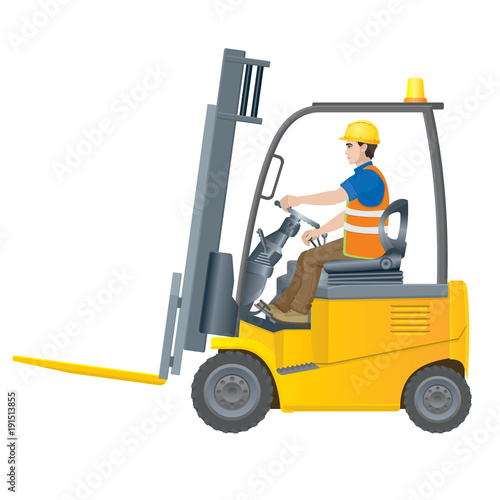 Electric forklift driven by a worker in overalls. Vector illustration on white background