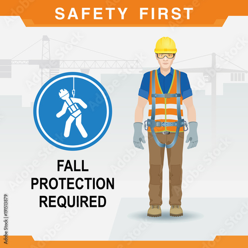 Safety at the construction site for high-altitude work. Fall protection required. Vector illustration