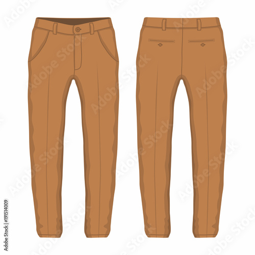 Men's brown trousers. Front and back views on white background